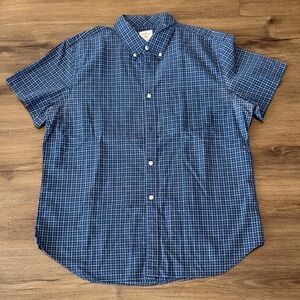 Men's Modern Oxford Blue Plaid Button Down Short Sleeve Shirt. Size XL